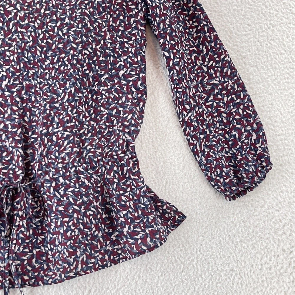 Tory Burch Top Womens Size 2 Red Agate Confetti‎ Silk Long Sleeve Drop Waist Tie